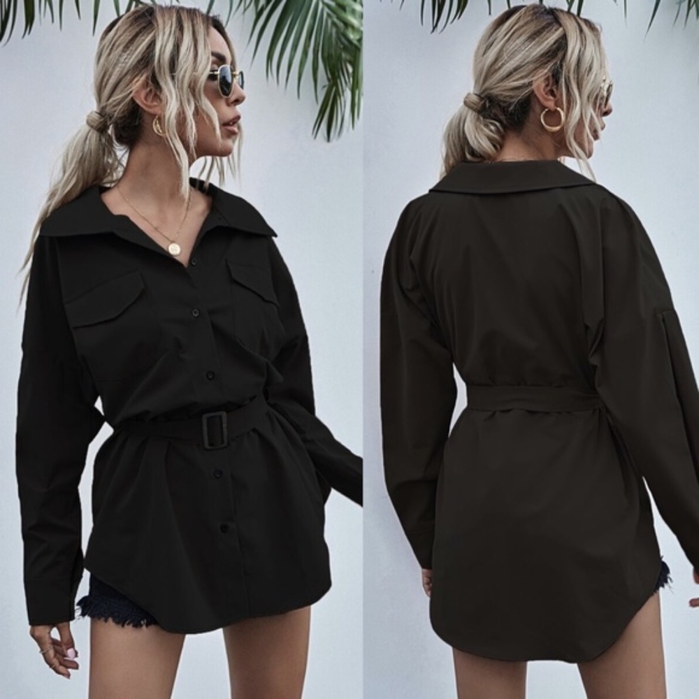 button detail belted long sleeve shirt - black - Picture 6 of 9